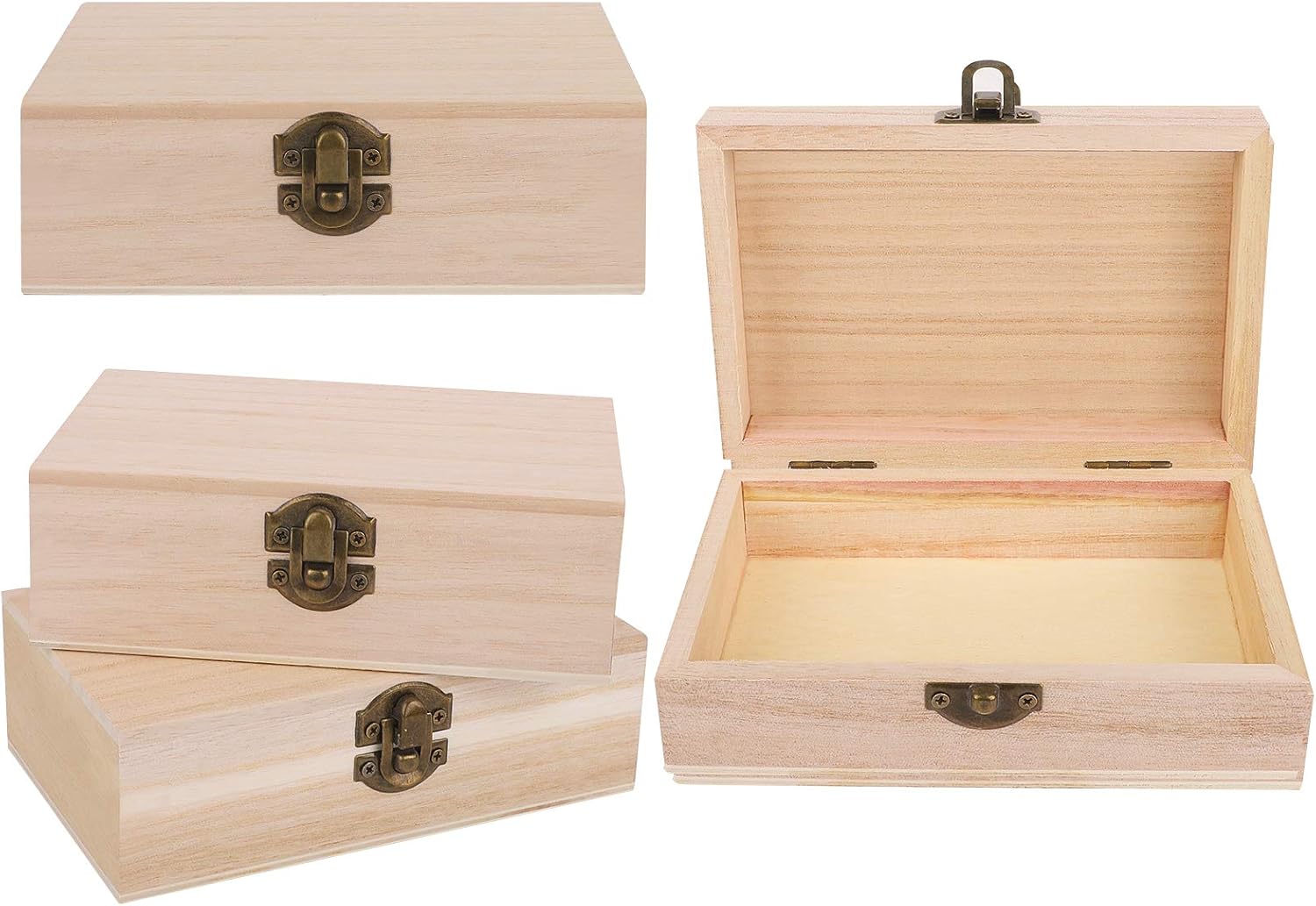 ADXCO 4 Pieces Unfinished Pine Wood Box with Hinged Lid Treasure Boxes with Locking Clasp Treasure Chest Decorate Wooden Boxes for DIY Crafting Gift Storage Box, 5.9 x 3.9 x 2 Inches