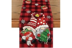 Artoid Mode Red and Black Buffalo Plaid Gnome Believe Snowflakes Christmas Table Runner, Seasonal Winter Holiday Kitchen Dining Table Decoration for Home Party Decor 13x72 Inch