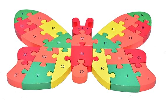 Crazy Crafts Wooden Butterfly Shaped Puzzle 3D- 26 Letter Alphabet Learning Block Puzzle for Nursery Kids with (A-Z) and (1-26) Boys and Girls(Butterfly)