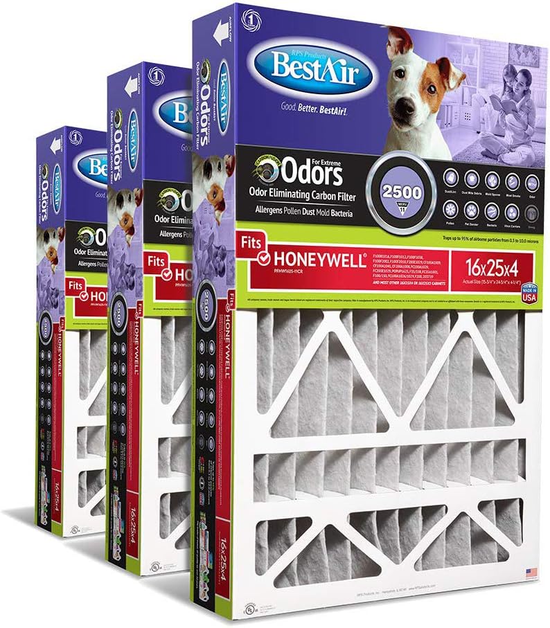 BestAir PFHW1625-11CR AC Furnace Air Filter, 16" x 25" x 4", MERV 11, Removes Allergens & Contaminants, Carbon Infused to Eliminate Odor, Fits 100%, For Honeywell Models