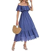 Simlakey Women's Summer Midi Dress High Waist Off Shoulder Ruffle Short Sleeve Hollow Out A Line Casual Long Dress 2025