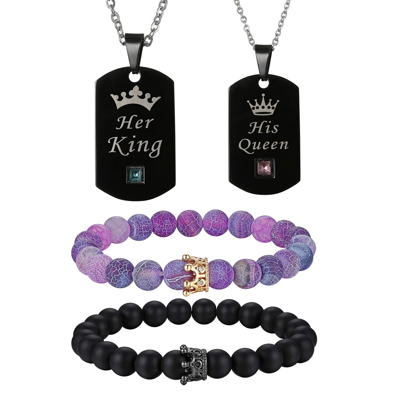 Cupimatch 4pcs His and Hers Couple Bracelet Necklace Set, CZ His Queen Her King Crown Dog Tag Pendant Necklace Matte Agate CZ Crown Queen 8mm Beads Bracelet