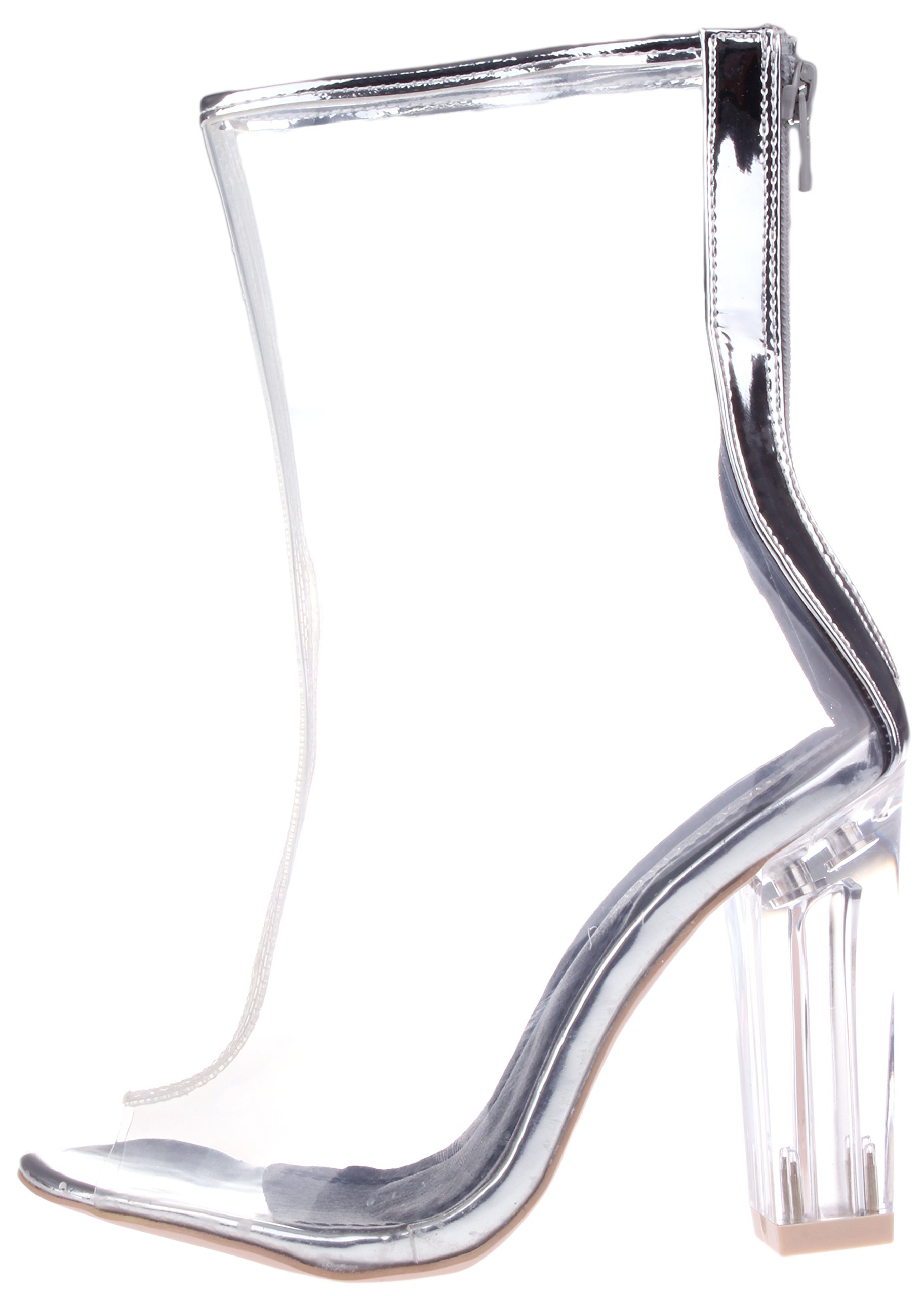 Chase & Chloe Women's Fashion Dress Mid Calf 4" Chunky Heel Clear Open Toe Boot Silver | Clear 7 - Image 3