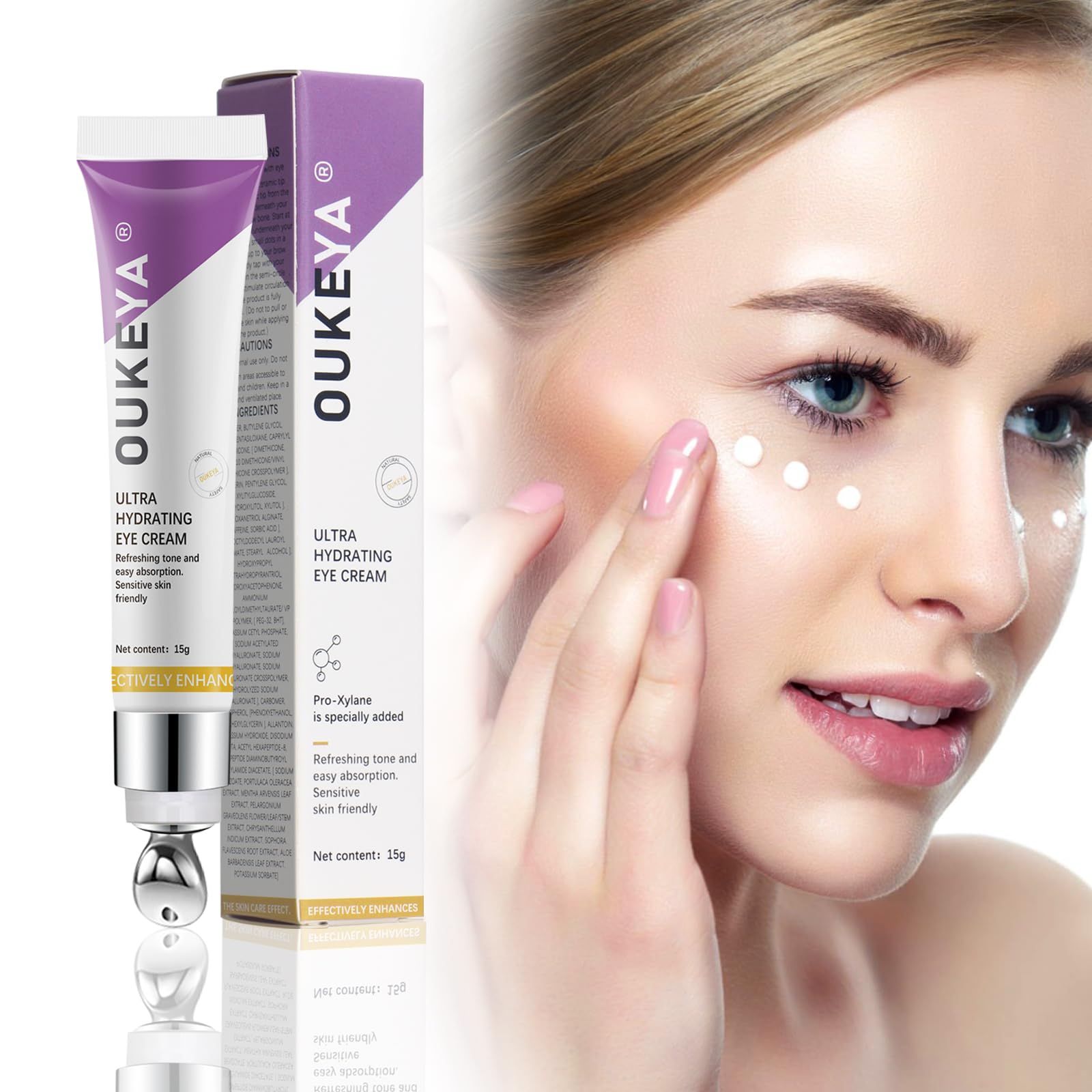 OUKEYA Eye Cream for Dark Circles and Puffiness, Anti-Aging Treatment for Wrinkles, Eye Repair Formula with Caffeine, Vitamin E and Hyaluronic Acid, Includes Massage Roller