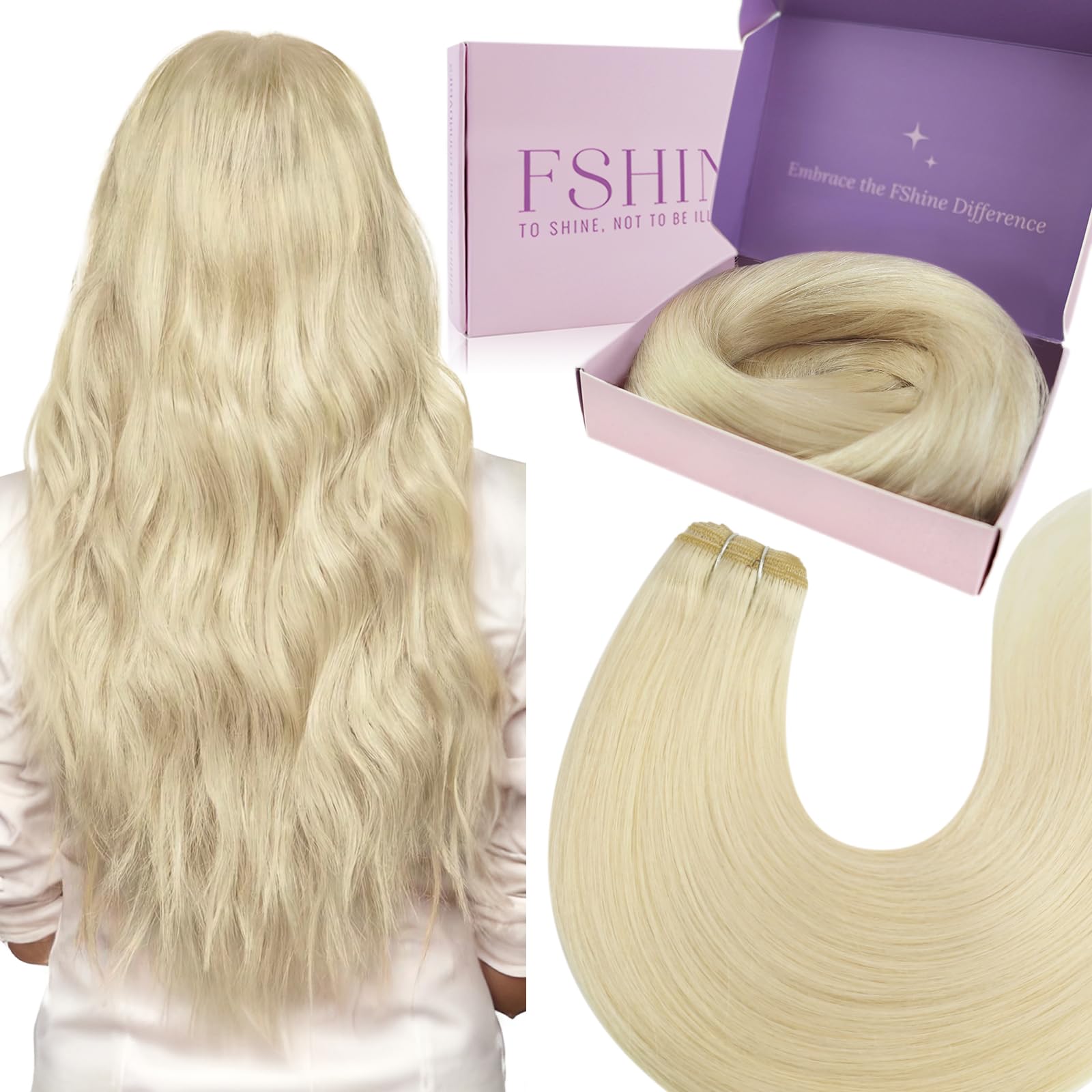 Fshine Hair Weft Extensions,14 Inch 100 g,Remy Human Hair Extensions,Color 60 Platinum Blonde,Silky Soft Texture,Lightweight Feel Comfortable Fit,Gentle to Hair Easy to Apply,for Women