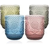 Glass Cups, Vintage Glassware Drinking Glass Set of 4, 12oz Colored Glassware with Sunflower Design, Embossed Floral Decorative Glasses Drinking Set for Cocktail, Wine, Vintage Drinking Glasses