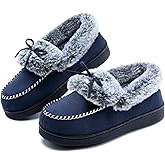 DL Women's Fuzzy Warm Moccasin Slippers Memory Foam, Soft Fluffy Winter House Closed Back Fur Lined, Cozy Ladies Suede Indoor Bedroom Houseshoes Non-Slip
