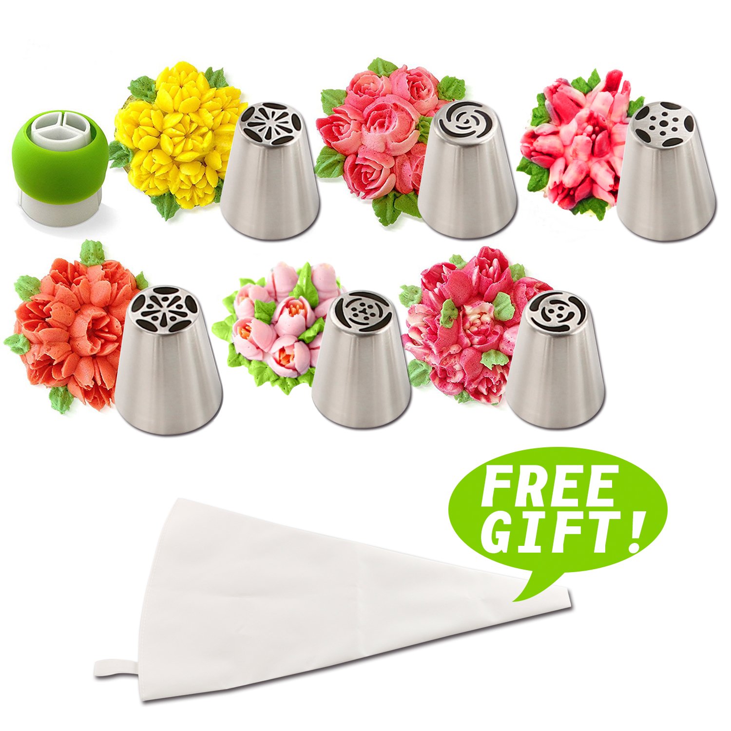 Srasi Russian Piping Tips Nozzles Premium Pastry Cake Decorating Tool Set of 8(6 Russian Tips 1 Reusable Tissue Pastry Bags 1 Tri-Color Coupler)