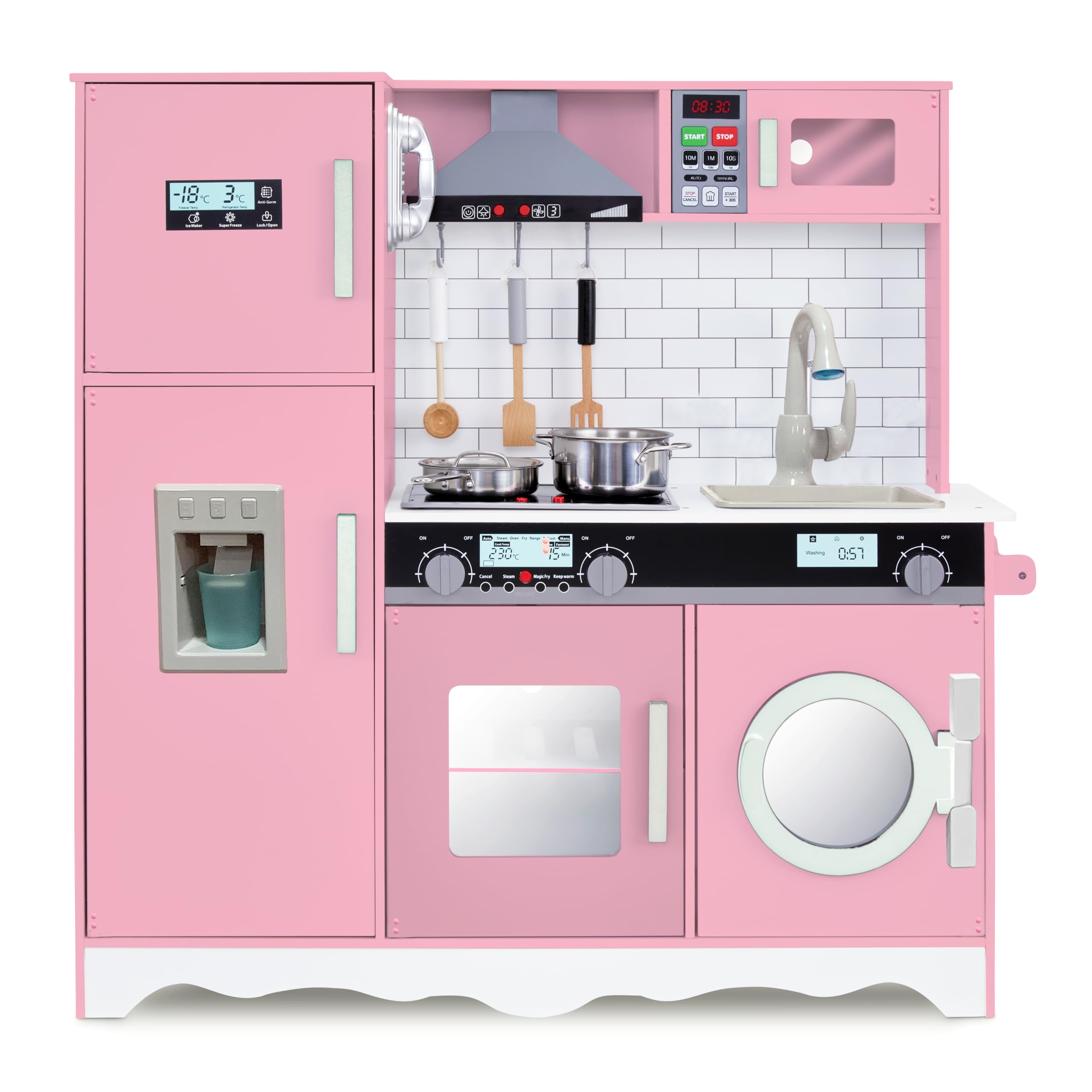 Lil’ Jumbl Kids Pink Kitchen Set, Pretend Wooden Play Kitchen, Battery Operated Icemaker, Microwave, Range Hood, Stove Top, Oven, with Realistic Sound & Lights, Pots, Pan, & Utensils Included