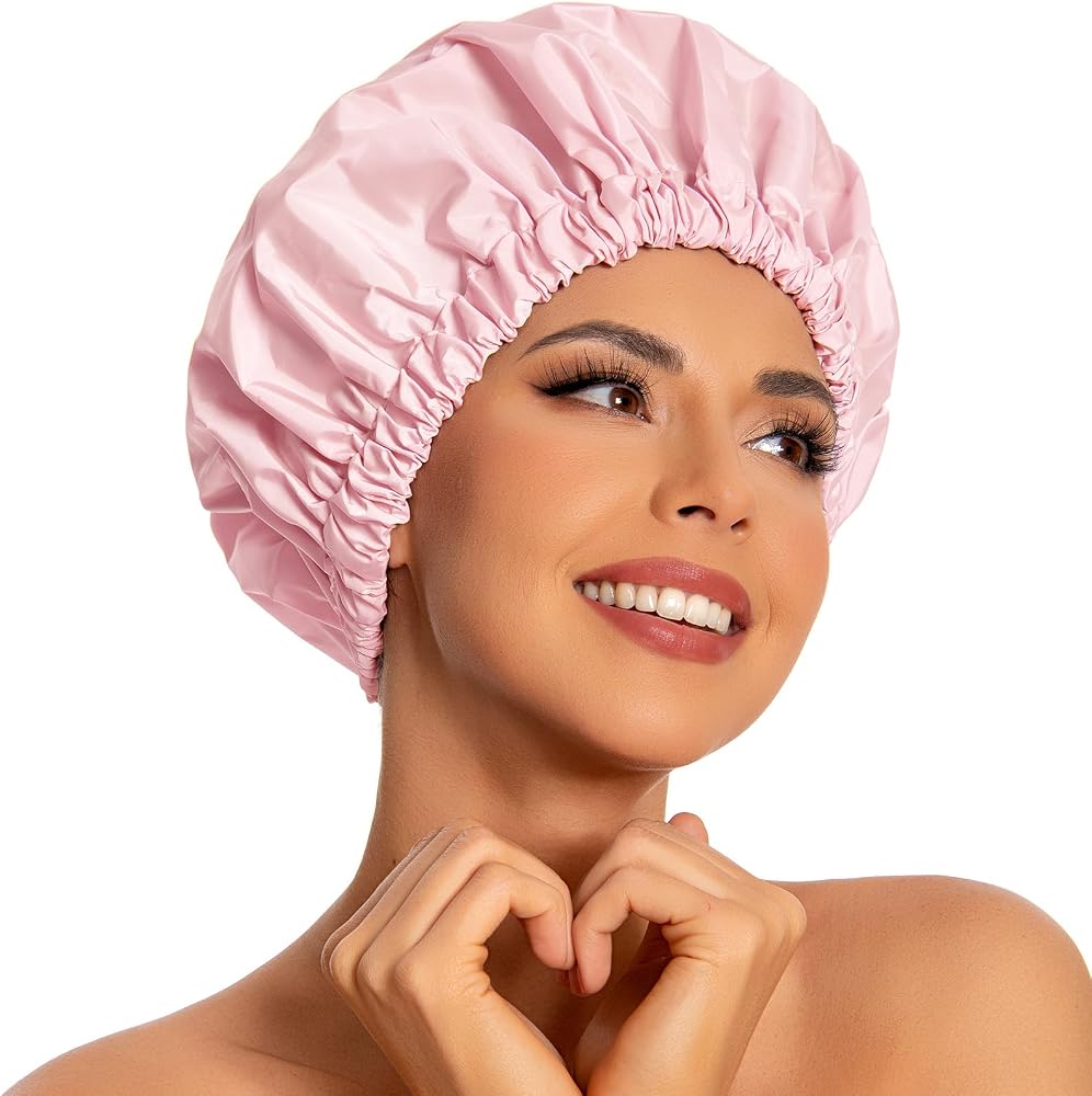 Edoneery Shower Caps for Women Reusable Waterproof, Shower Hair Cap | Washable Bonnet, Wide Elastic Band, Large Fit, Holds Lo
