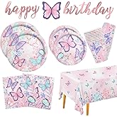 Butterfly Birthday Party Supplies Disposable Paper Plates Napkins Cups Tablecloth and Banner for Butterfly Girl Party Birthday Decorations, Serve 25