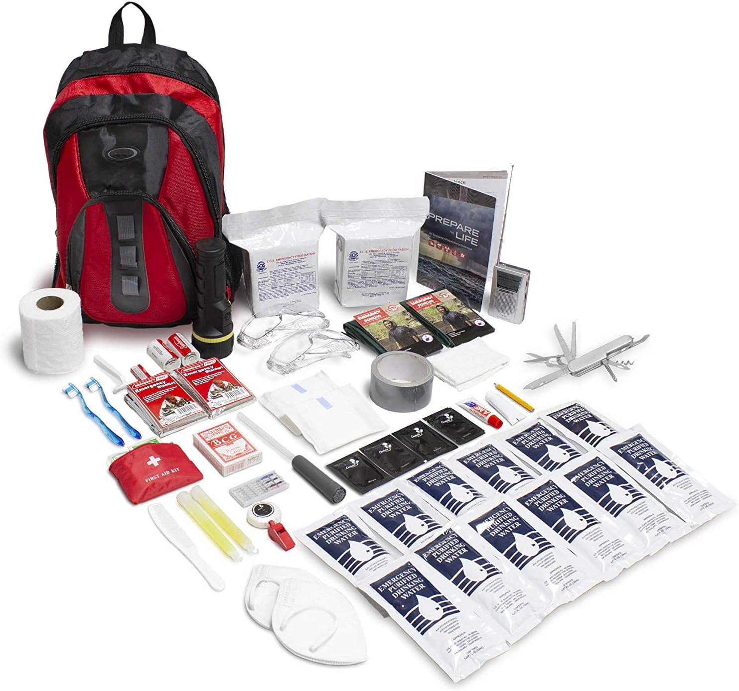 Emergency Zone The Essentials Complete Deluxe Survival 72-Hour Kit, Prepare Your Family for Hurricanes, Earthquakes, FLOODS, Emergency Disaster Go Bag- Available in 2 & 4 Person, Red or Black Bag