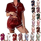 WJing Yi Jia Womens Silk Satin Pajamas Loungewear Two-Piece Sleepwear Button-Down Floral Pj Set XS-4XL