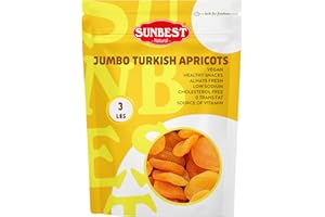 Sunbest Natural Jumbo Turkish Dried Apricots – 3lb Bulk Bag (48 oz) Soft & Sweet Dried Fruit Snacks – No Sugar Added, Non-GMO, Gluten-Free, Vegan – Healthy Fruit Snack for Kids & Adults, Great for Baking & Cooking