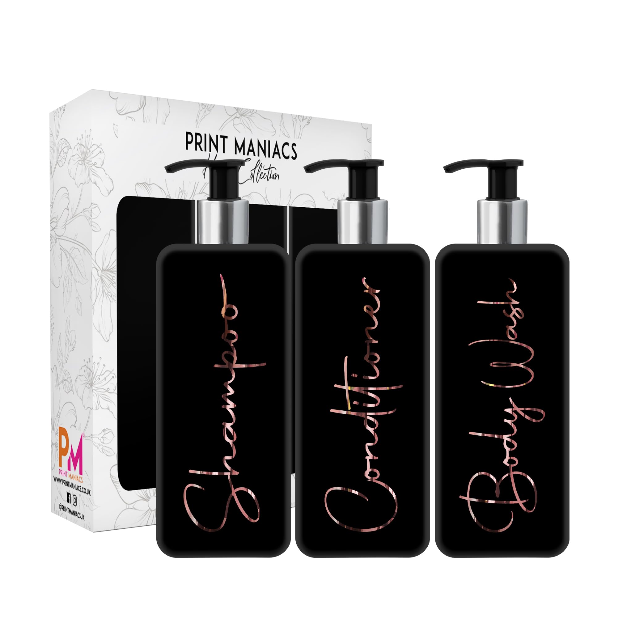 Print ManiacsMrs Hinch Inspired Signature Black 500ml Square Reusable Dispenser Bottle Silver Pump Personalised Bathroom Storage Toiletries Set F2 (Rose Gold, Shamp, Con, Body Wash)