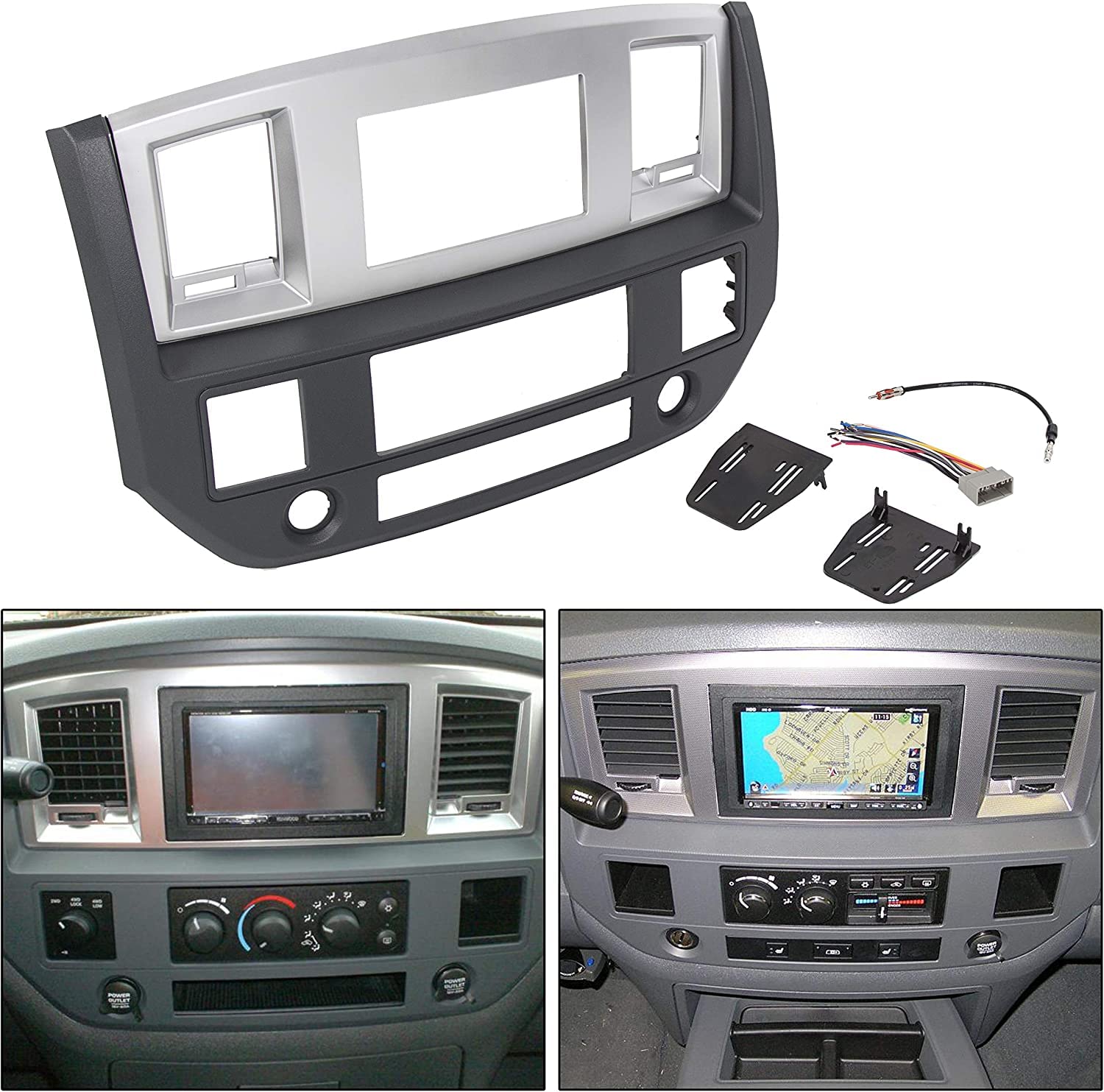 Photo 1 of KUAFU Stereo Radio Double Din Dash Kit Compatible with 2006-2009 Dodge Ram Pickup Replacement for GNT56215007 Install Dash Bezel Silver Slate Gray