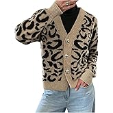 Floerns Women's Cheetah Long Sleeve Cardigans V Neck Button Down Fall Outfit Going Out Sweater