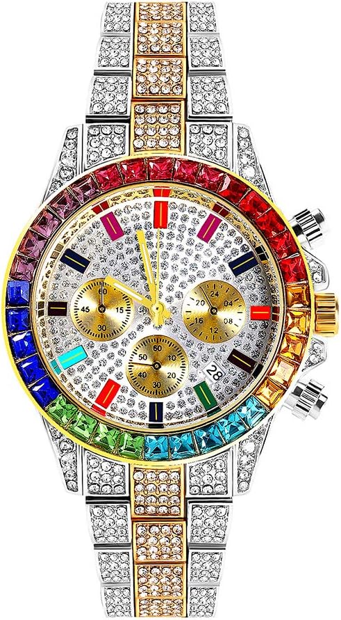 Men's Chronograph Quartz Watch Hip Pop Iced Out Simulated Diamond Round Dial Calendar Analog Wrist Watch
