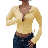 BJhaz Women's Y2k Hoodie Crop Zip Up Ribber Knit Fall Jacket Tops Slim Fit Long Sleeves Sweatshirt with Pockets