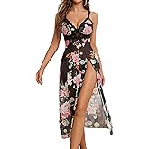 Avidlove Sexy Split Mesh Lace Floral Sheer Babydoll Lingerie Outfit Dress 2 Piece with Thong Set