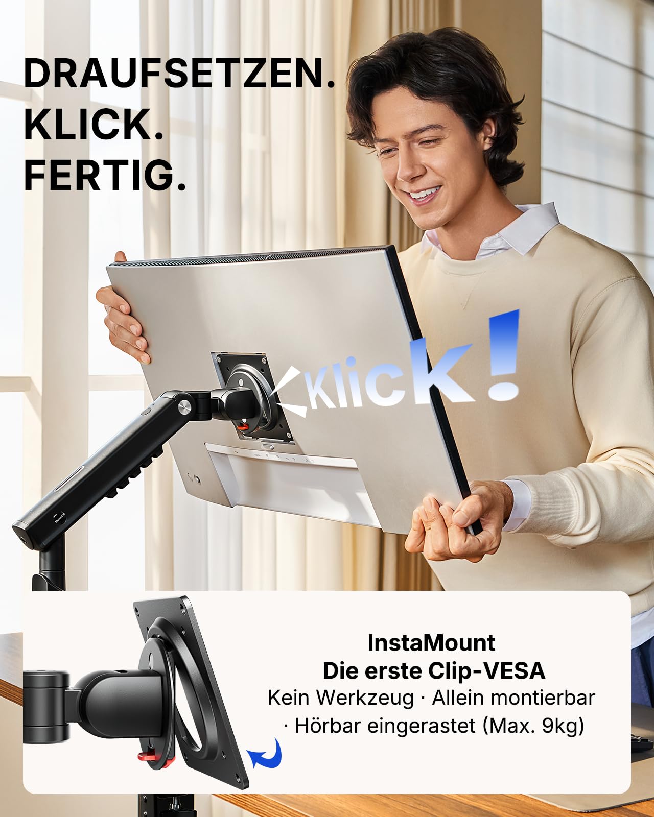 HUANUO Monitor Halterung für 13-32 Zoll, FlowLift Pro Monitorhalterung bis 9 kg, MechaSpring Monitor Arm (Neigung/Schwenk/Rotation) werkzeuglos montierbar, für Gaming & Office, VESA 75/100 mm 7