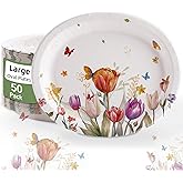 VEIZEDD 40Pcs Spring Floral Oval Paper Plates 10" x 12" Large Heavy Duty Disposable Plates Tea Party Plates Bulk for Easter Baby Shower Wedding Spring Party Decorations