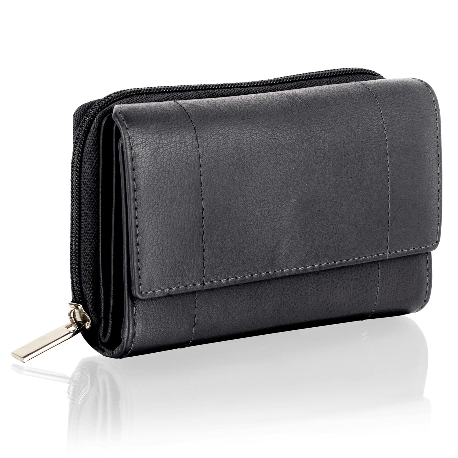 Woodland Leathers Purses for Women, Real Leather RFID Protection Small Purse Wallet with Card and Zip Coin Pockets (Black)
