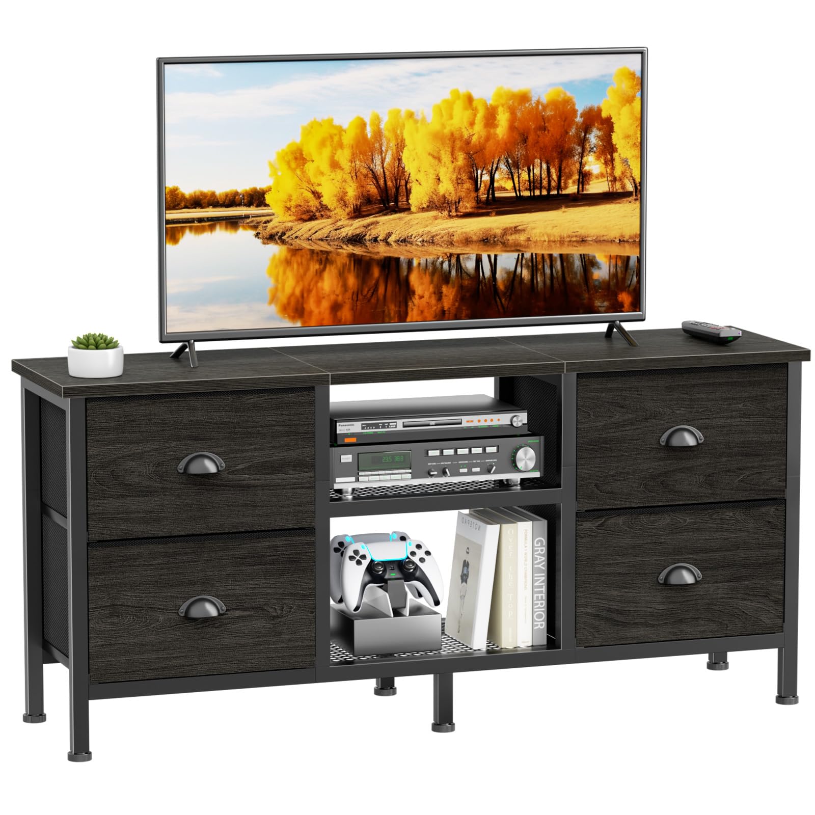 Photo 1 of Furologee TV Stand with 4 Drawers, 43 inch Entertainment Center with Open Shelves, Media Center for 50" TV, Television Stand for Bedroom, Living Room/Light Black Oak
