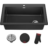 KRAUS Black 33 in Single Bowl Drop In Granite Kitchen Sink KGD-54BLACK | Quartz composite with metallic particles, drop-in or undermount, thick deck with beveled edge, heat-safe, non-porous