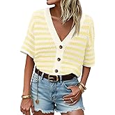 Saodimallsu Womens Short Sleeve Striped Cardigan Sweaters Crochet Knit Button Down Shirts V Neck Spring Summer Tops