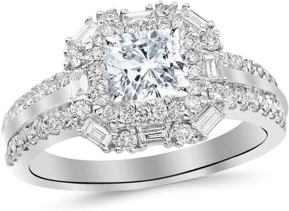 1.2 Cttw 14K White Gold Cushion Cut Double Row Baguette and Round Halo Diamond Engagement Ring with a 0.5 Carat H-I Color SI2 Clarity Center