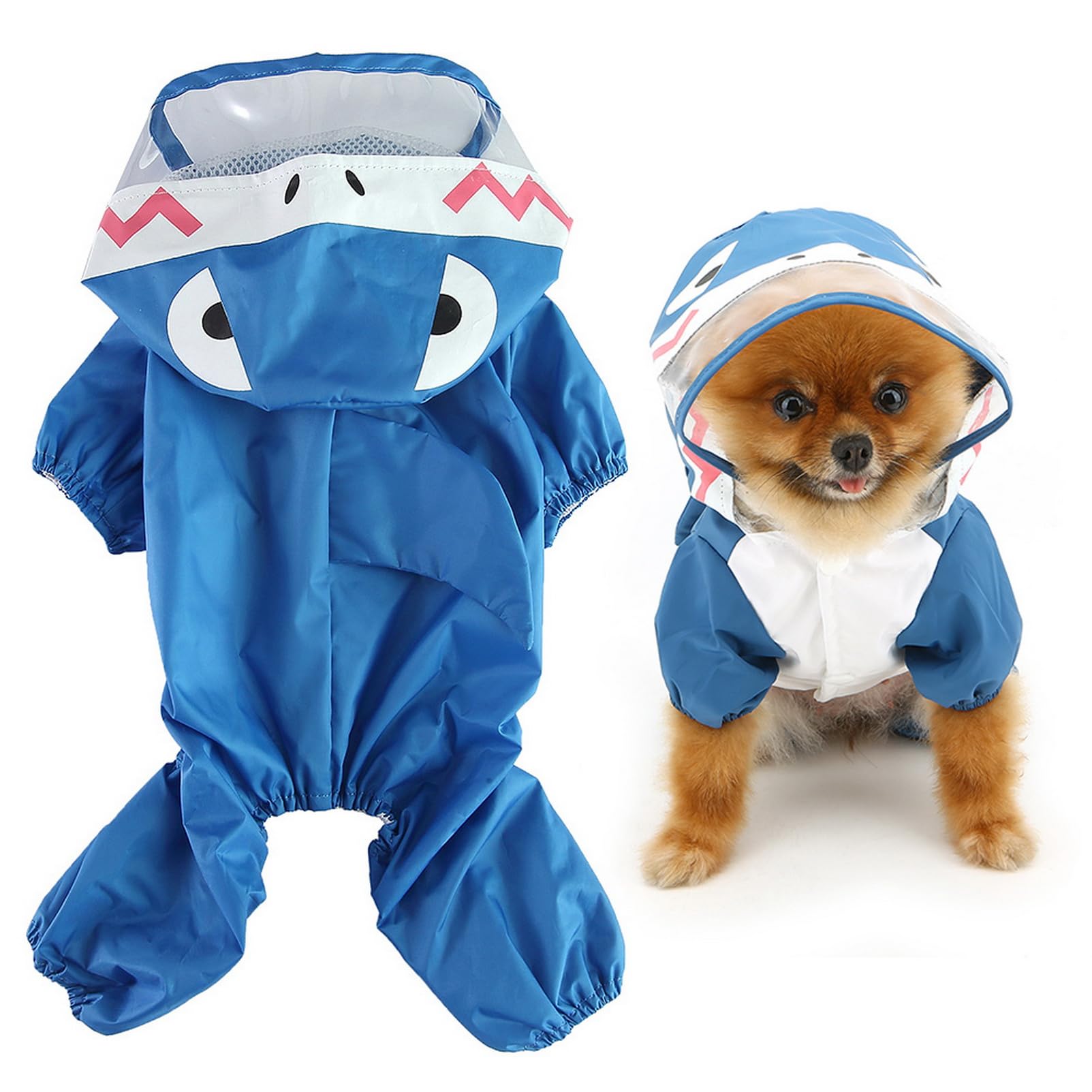 SMALLLEE_LUCKY_STORE Cute Shark Raincoat for Small Dogs with Hoood Leash D-ring Puppy Botton Down Rain Jacket Full Boby 4 leg Jumpsuit Lightweight Waterproof Clothes,Blue XS