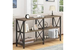 LVB Wood Entryway Table, Industrial Metal Sofa Table with Storage Shelf, Wooden 3 Tier Console Accent Table Behind Couch, Modern Hallway Foyer Tables for Front Living Room Bedroom, Rustic Oak, 55 Inch