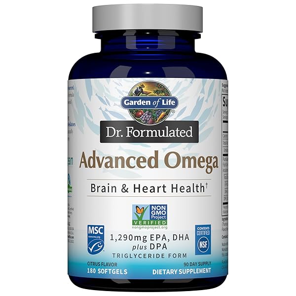 GARDEN OF LIFE DR. FORMULATED ADVANCED OMEGA FISH OIL – LEMON, 1,290MG EPA, DHA + DPA IN TRIGLYCERIDE FORM, SINGLE SOURCE OMEGA 3 SUPPLEMENT FOR ULTIMATE BRAIN & HEART HEALTH, NON-GMO, 180 SOFTGELS