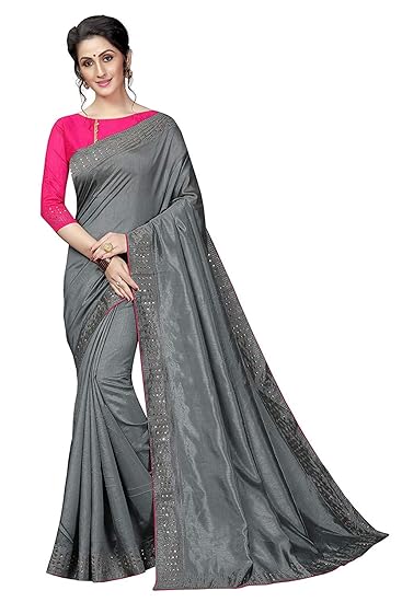 Market Magic World Womens Sana Silk Stone Studded Saree with Contrast Blouse