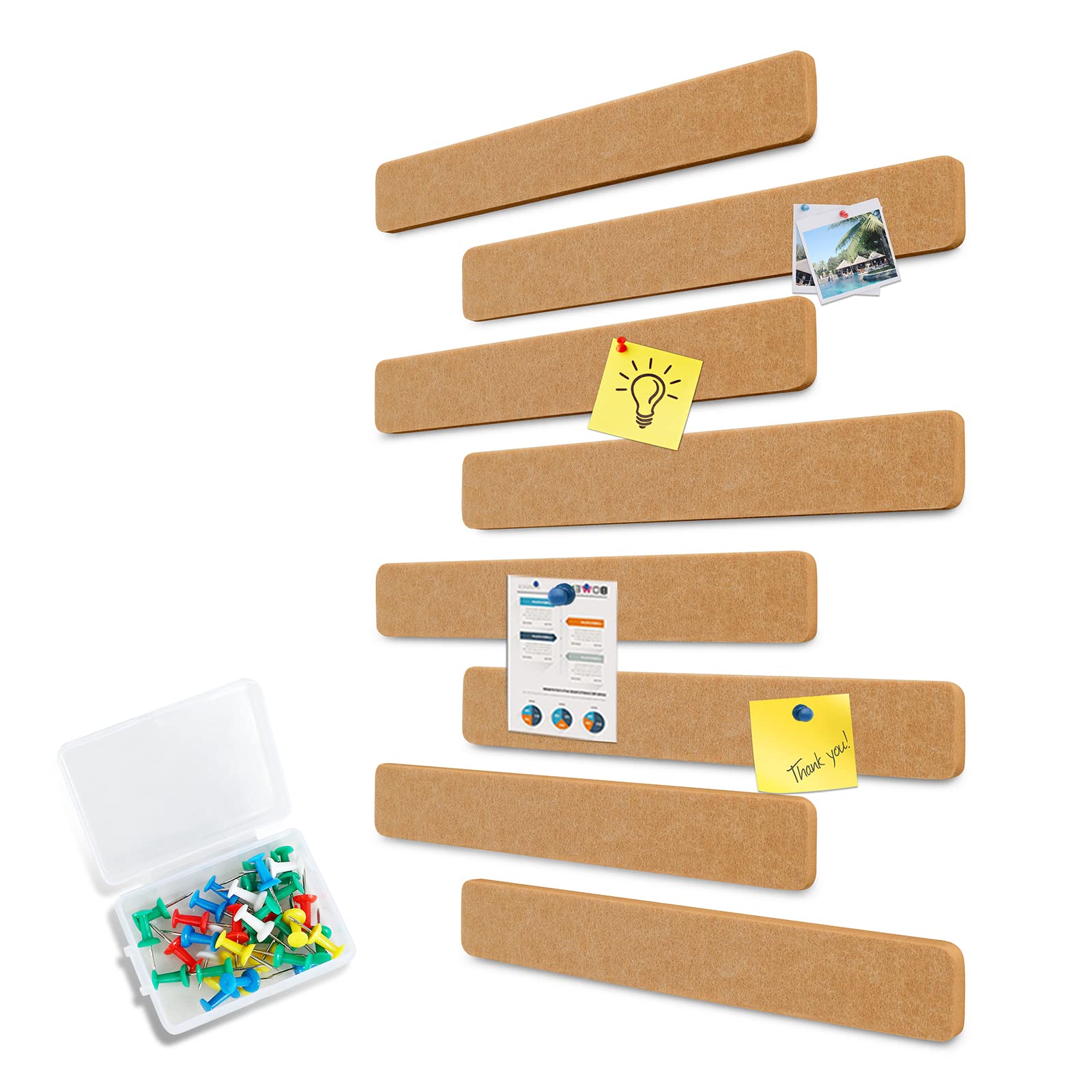 Uoisaiko Felt Pin Board Bar 38cm x 5cm, 8 Pack Cork Board Bulletin Board Strips with 40 Push Pins, Home Office Memo Notice Boards Felt Wall Tiles