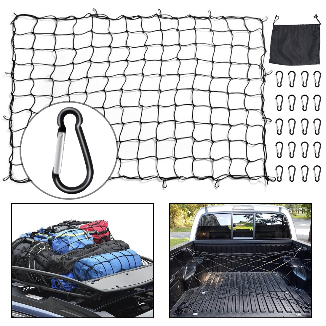 5’x7’ Cargo Net Black Truck Bed Bungee Nets Stretches to 10’x14’ For