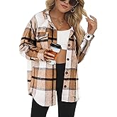 Lunira Button Down Shirts for Women Flannel Shirt Long Sleeve Plaid Shacket Fall Winter Blouse Casual Jacket with Side Pocket (Apricot, M)