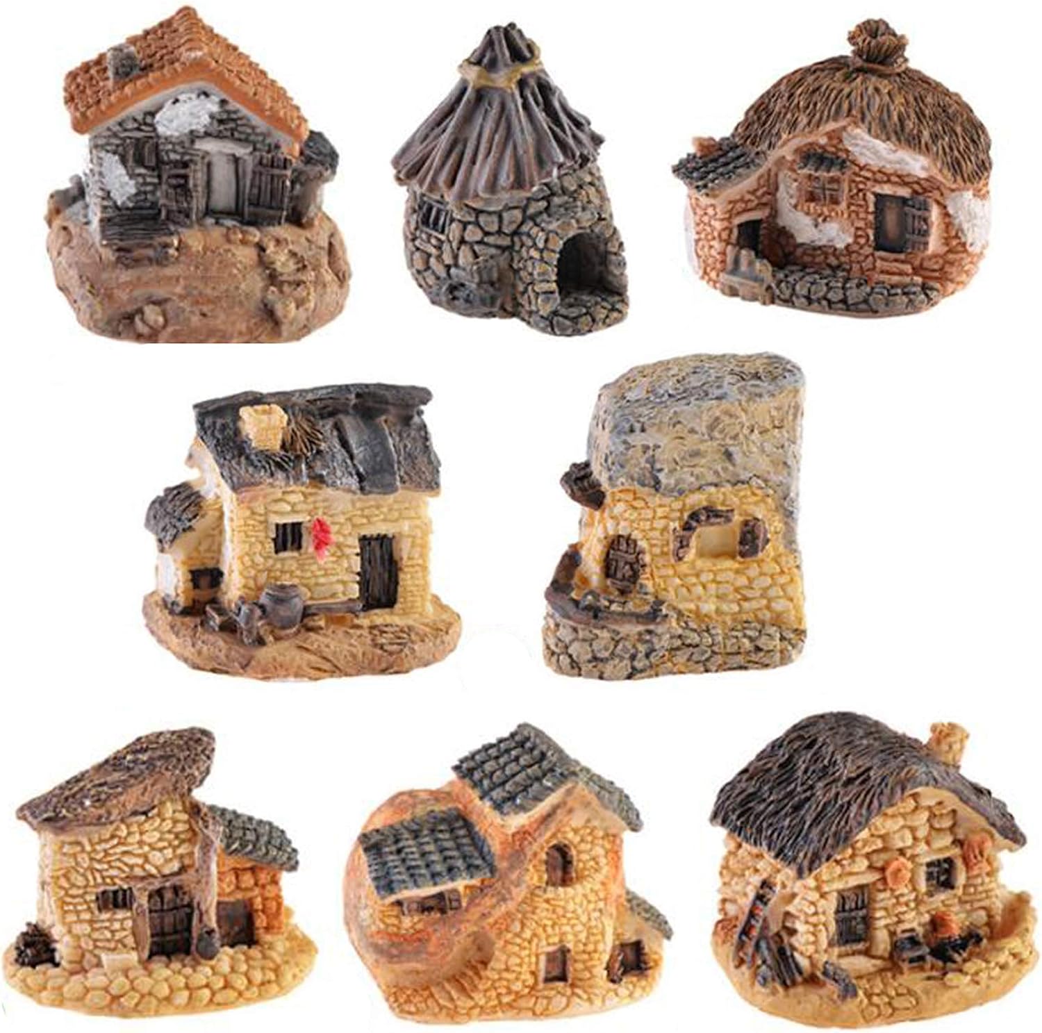 Miniature Fairy Garden Stone House, 8 Pcs Resin Village House Fairy Garden Kits Figurines, Mini Fairy Cottage House Fairy Garden Kits Figurines for Outdoor Plant Pot Micro Land Garden Patio Decoration