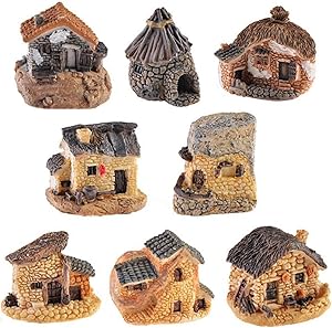 Miniature Fairy Garden Stone House, 8 Pcs Resin Village House Fairy Garden Kits Figurines, Mini Fairy Cottage House Fairy Garden Kits Figurines for Outdoor Plant Pot Micro Land Garden Patio Decoration