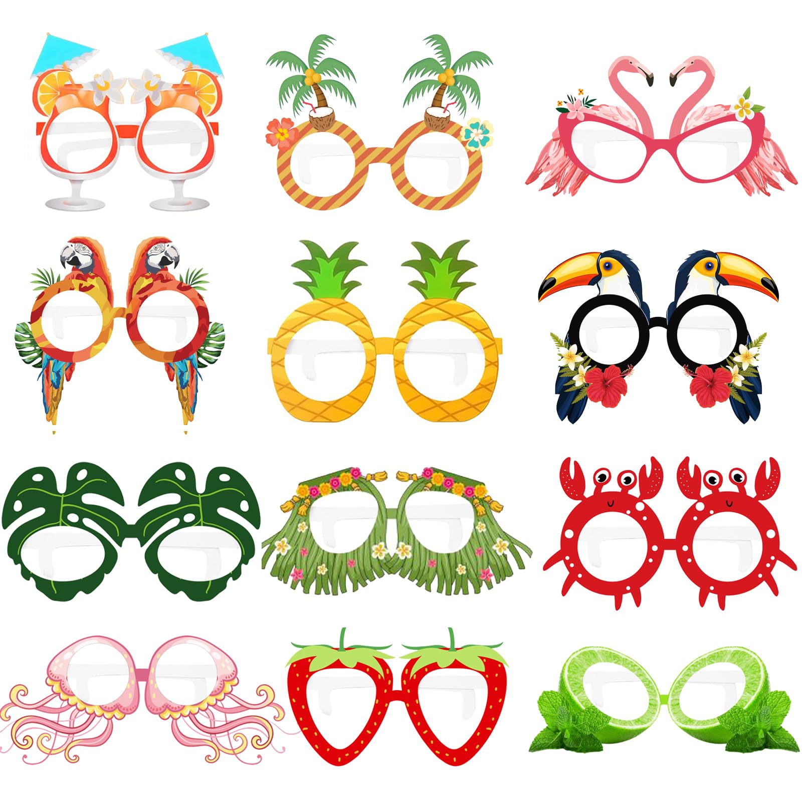 LMSHOWOWO 12 PCS Funny Hawaiian Party Glasses for Adults Kids, Paper Novelty Glasses Hawaiian Eyeglasses Hawaii Photo Booth Props for Summer Beach Pool Tropical Tiki Fancy Dress Party Favors