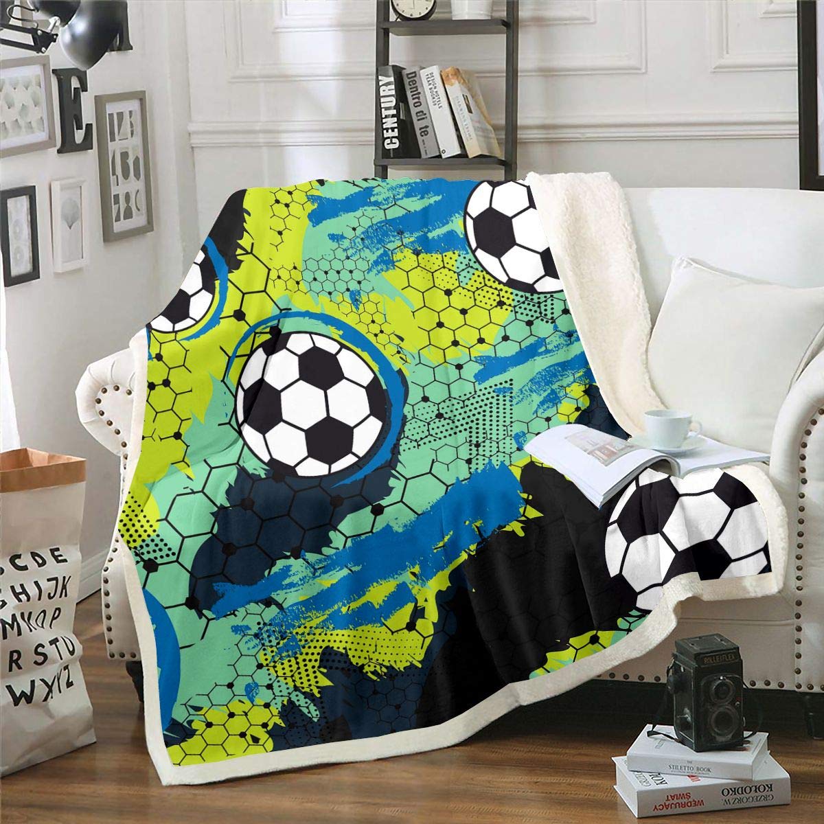 Loussiesd Boys Football Sports Theme Sherpa Throw Blanket for Sofa Bed Soccer Ball Design Plush Blanket Colorful Single 50"x60"