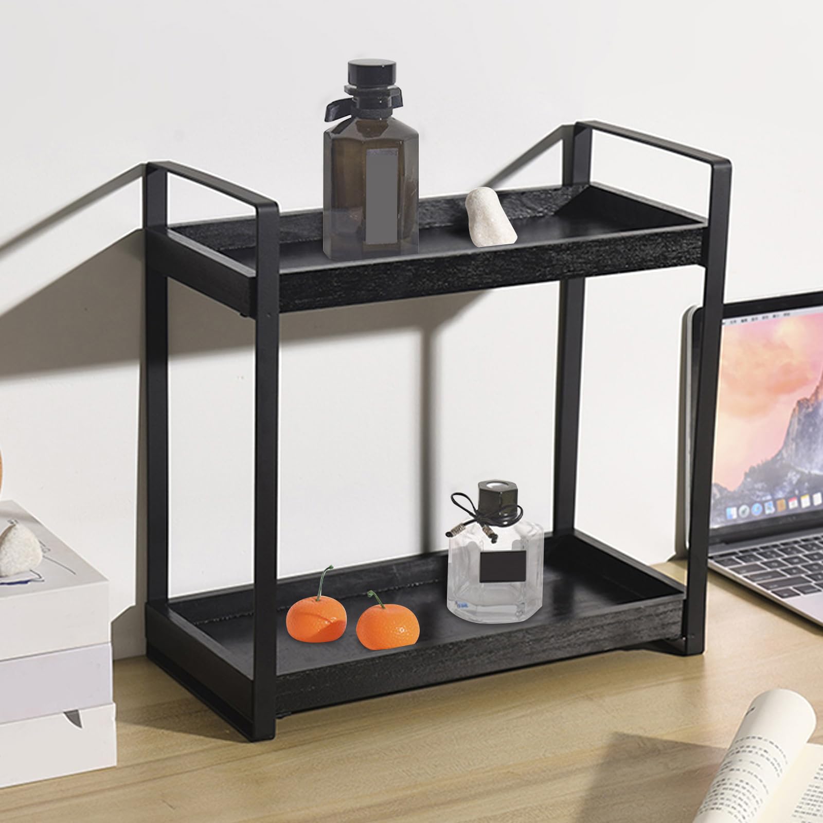 2 Tier Countertop Organiser Shelf, Metal Wooden Frame Desktop Shelves, Spice Racks, Vanity Tray Makeup Cosmetic Storage Basket Counter Organizer, Free Standing Rack for Bathroom Kitchen (Black)