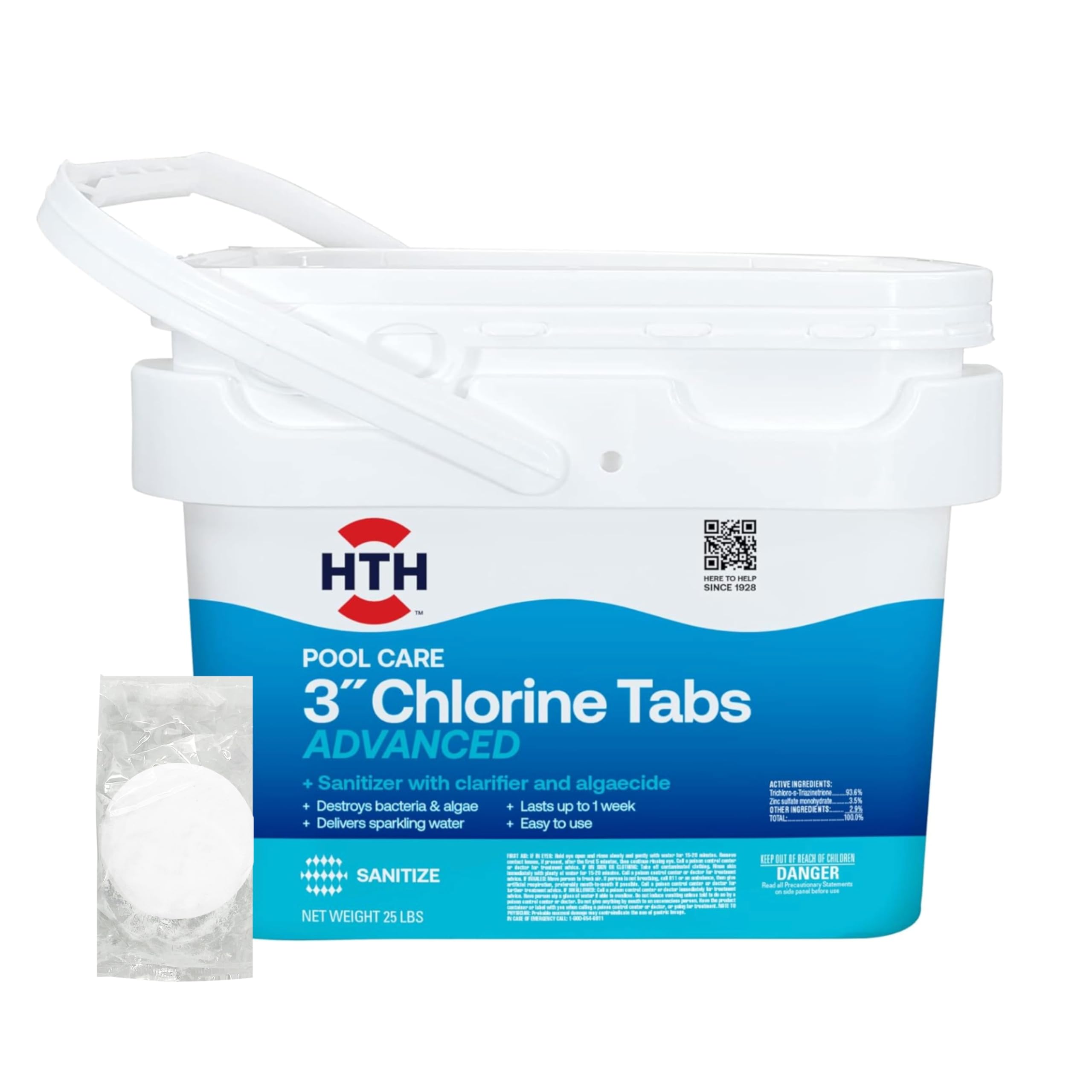HTH 42055W Pool Care 3" Chlorine Tabs Advanced, Individually Wrapped Tablets - Swimming Pool Sanitizer with Clarifier & Algaecide, Destroys Bacteria & Algae, Delivers Clear Water All Season, 25 lbs Image