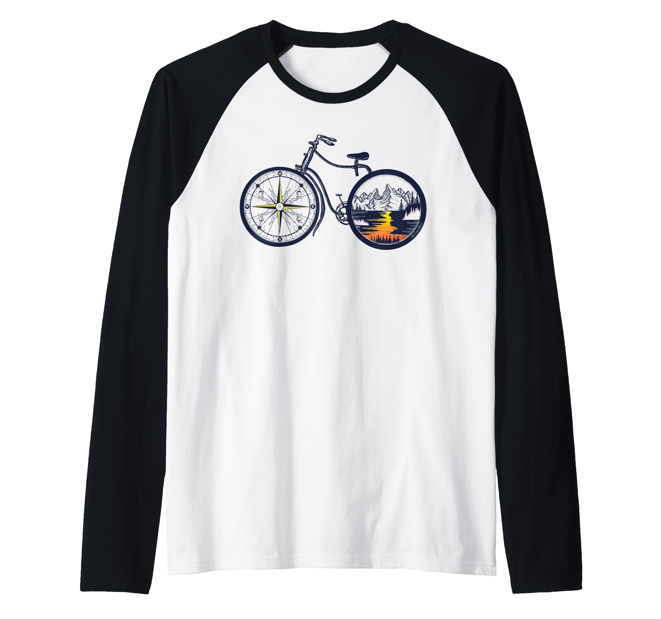 Retro Bicycle with Compass and Mountains - Cycling Raglan Baseball Tee