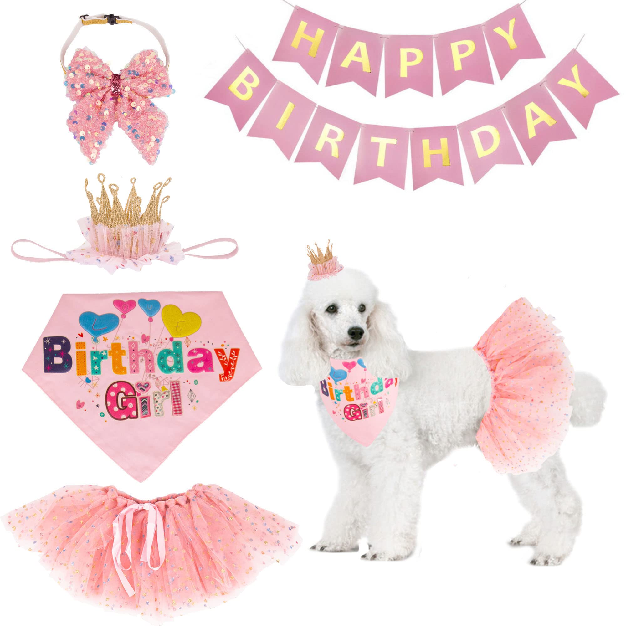 Photo 1 of ADOGGYGO Dog Birthday Hat Bandana Girl - Puppy Birthday Party Supplies - Pink Tutu Hat Scarf Bow Banner Set for Medium Large Dogs (Large)