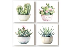 ZESSONIC Cactus Succulent Wall Art Sage Green Bathroom Wall Decor, Tropical Plant Botanical Pink Flower Canvas Prints for Living Room Bedroom Bathroom - Ready to Hang - Framed, Set of 4, 12x12Inch