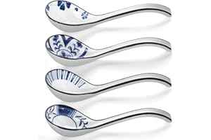 Ceramic Soup Spoons Set of 4-6.3 Inch Asian Soup Spoon Long Handle Chinese Soup Spoon Japanese Ramen Spoon for Pho Dumplings 
