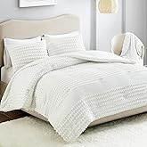 Comfort Spaces Cotton Comforter Set Jacquard Pom-Pom Tufts Design, Down Alternative, All Season Modern Bedding, Matching Shams, Full/Queen, Phillips, Ivory