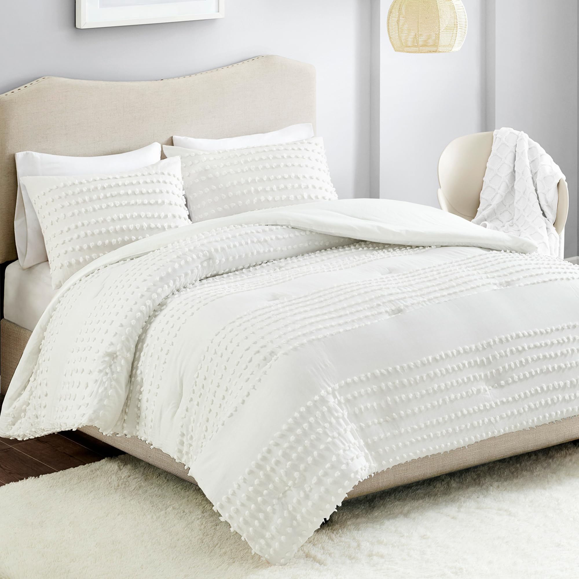 Comfort Spaces Cotton Comforter Set Jacquard Pom-Pom Tufts Design, Down Alternative, All Season Modern Bedding, Matching Shams, Twin/Twin XL, Phillips, Ivory Image